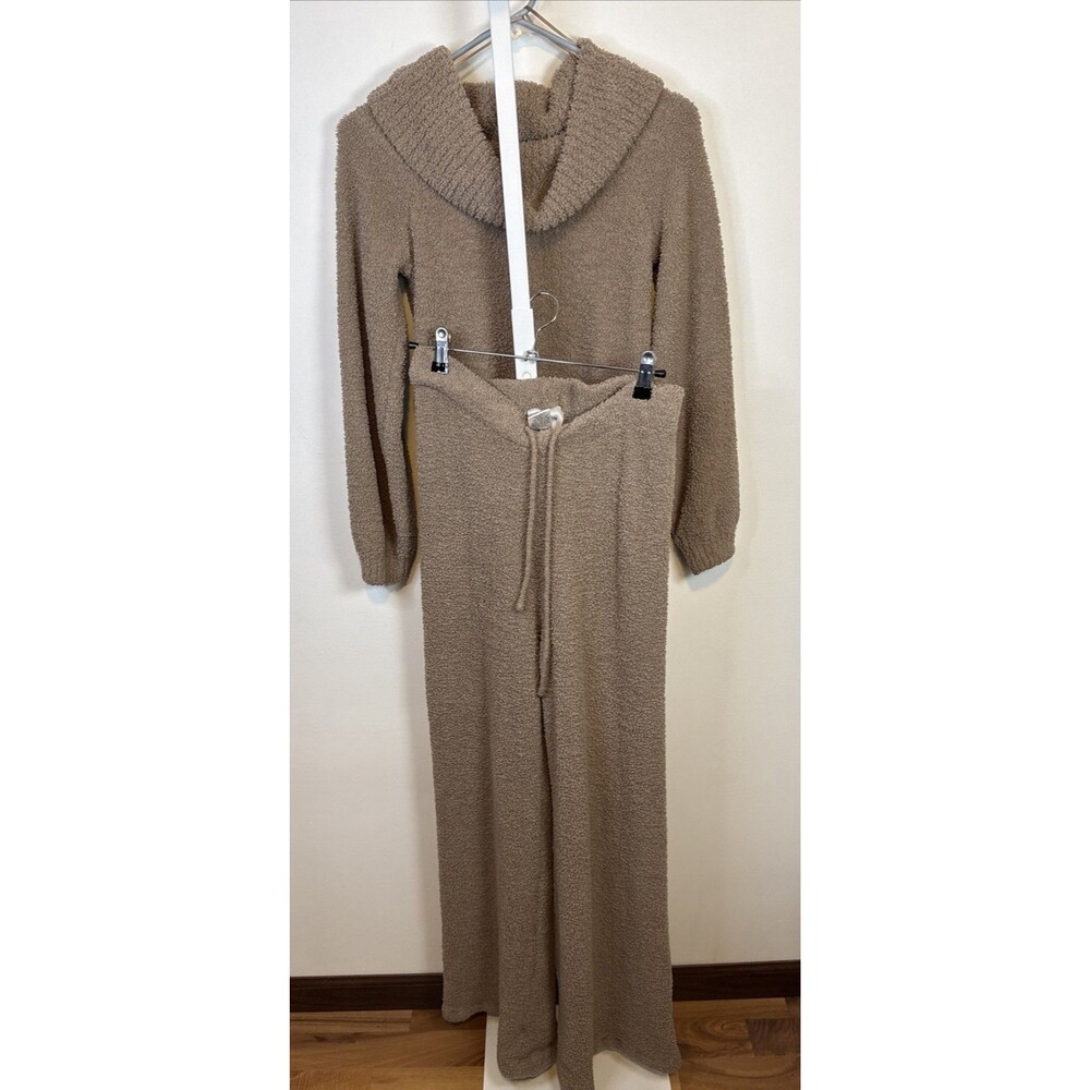 Beige Ultra Soft Teddy Bear Loungewear Set Cowl Crop Sweater Bell Pant Sz Sm